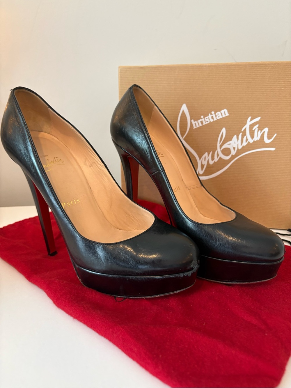 Christian Louboutin Black Leather Platform Pumps with Red Soles